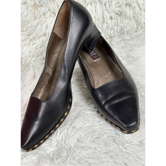 Prevata Vero Cuoio Studded Leather Heel Pumps Womens Size 10B Black Italy Made - Picture 1 of 11